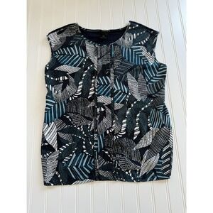 Ann Taylor Womens M Blue Black White Leaf Print Sleeveless Pleated Blouse